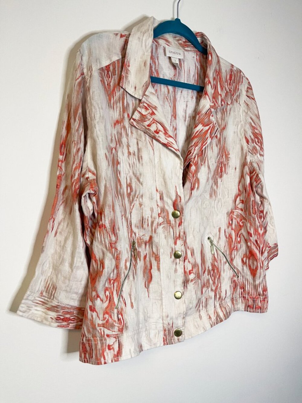 Chico's 100% Linen Ikat Print Jacket Size 3 (XL) Button Front Resortwear - Picture 9 of 9